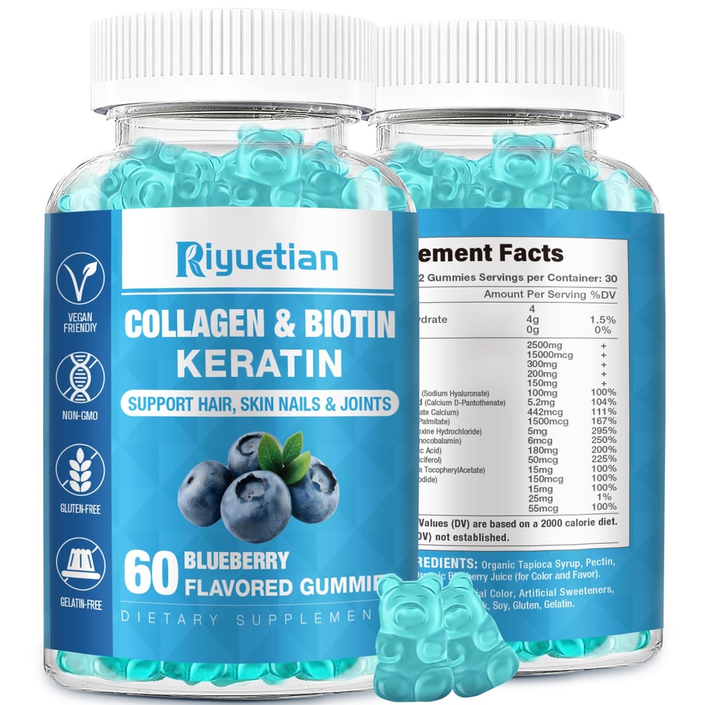 Biotin Gummies 15000mcg s kologenom za odrasle ženske in moške - las, kože in nohte Gummies z Biotin - Kolagen za ženske - Vegan, Non-GMO, Las Vitamini - 60 Count, 1 Pack