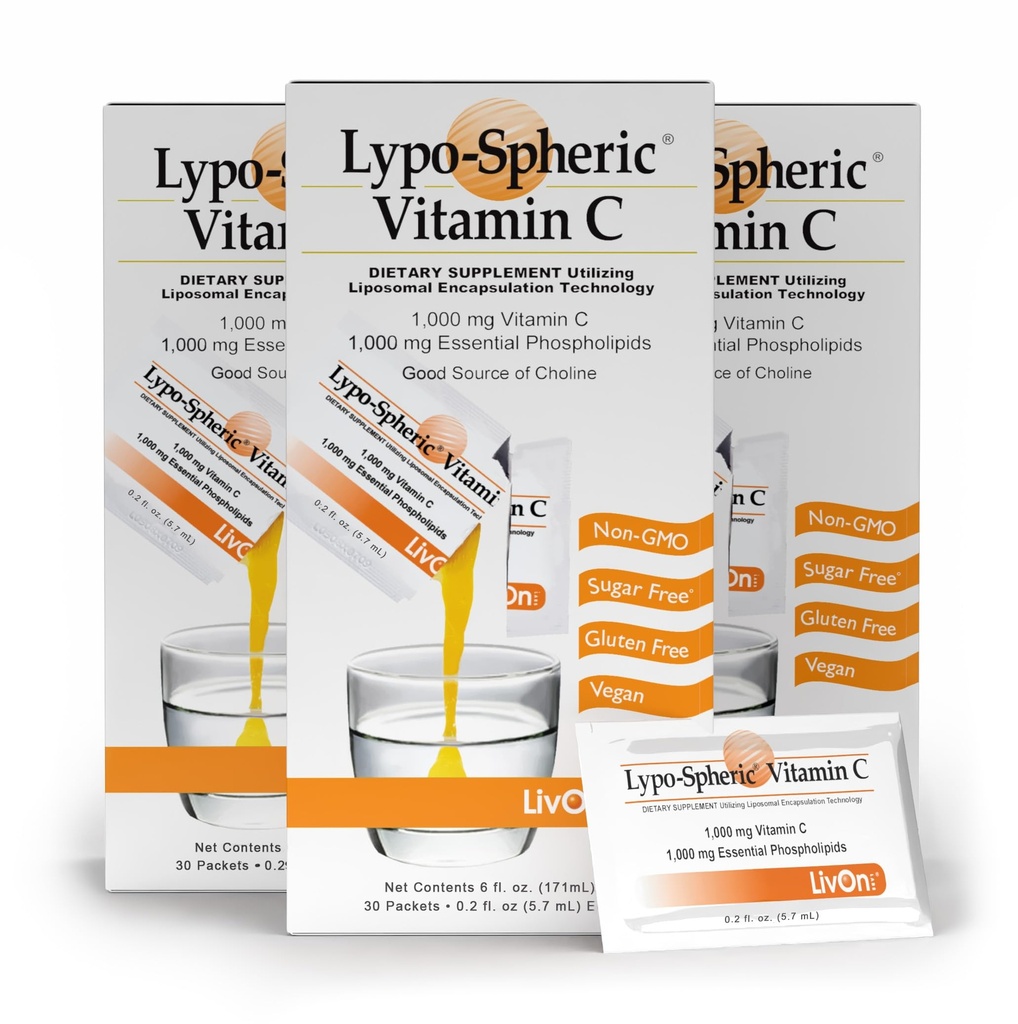 Livon Laboratories Lypo – Sferični vitamin C – 3 škatle (90 paketov) – 1.000 mg Vitamin C & 1.000 mg Esencialni fosfolipidi na embalažo – liposom, ki se uporablja za izboljšanje absorpcije – 100% ne-GMO