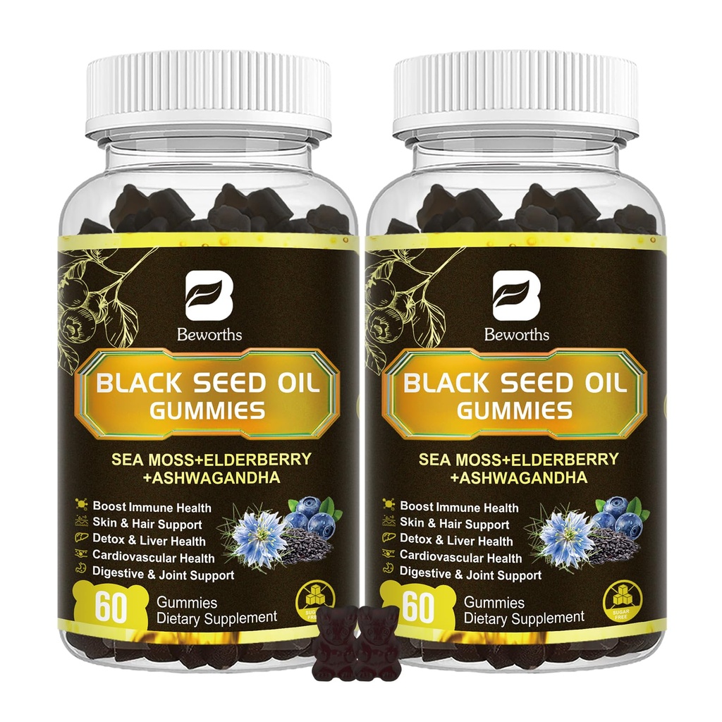 Black Seed Oil & Sea Moss Gummies, 2Pack Irish Sea Moss Gummies s črnim oljem, Ashwagandha Extract, Bezgove jagode, Kurkuma, Vitamin C, Vitamin D3 - Imunska podpora, Spoji, Prebava, Lasje in koža