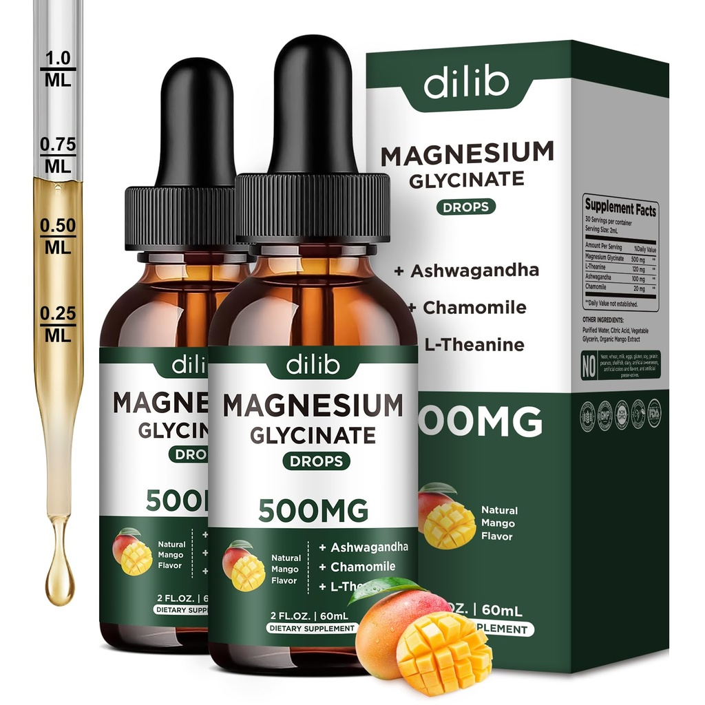 Magnezij Glycinate tekoče kapljice dodatek, z Magnezij Glycinate 500mg Ashwagandha, L - Theanine, Kamilica -Podpora Stres Relief, kosti, mišice, Mood Mango aroma 2Pack