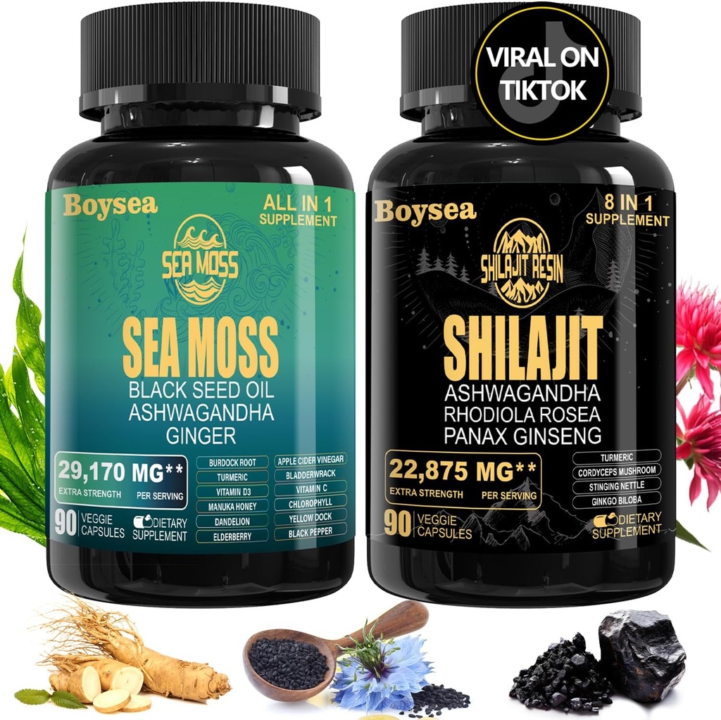 Geloo Superfood Supplement Bundle - 90 Count Sea Moss Kapsule (Sea Moss, Black Seed Oil) & 90 Count Pure Shilajit Kapsule (Shilajit, Ashwagandha) - 1 pakiranje