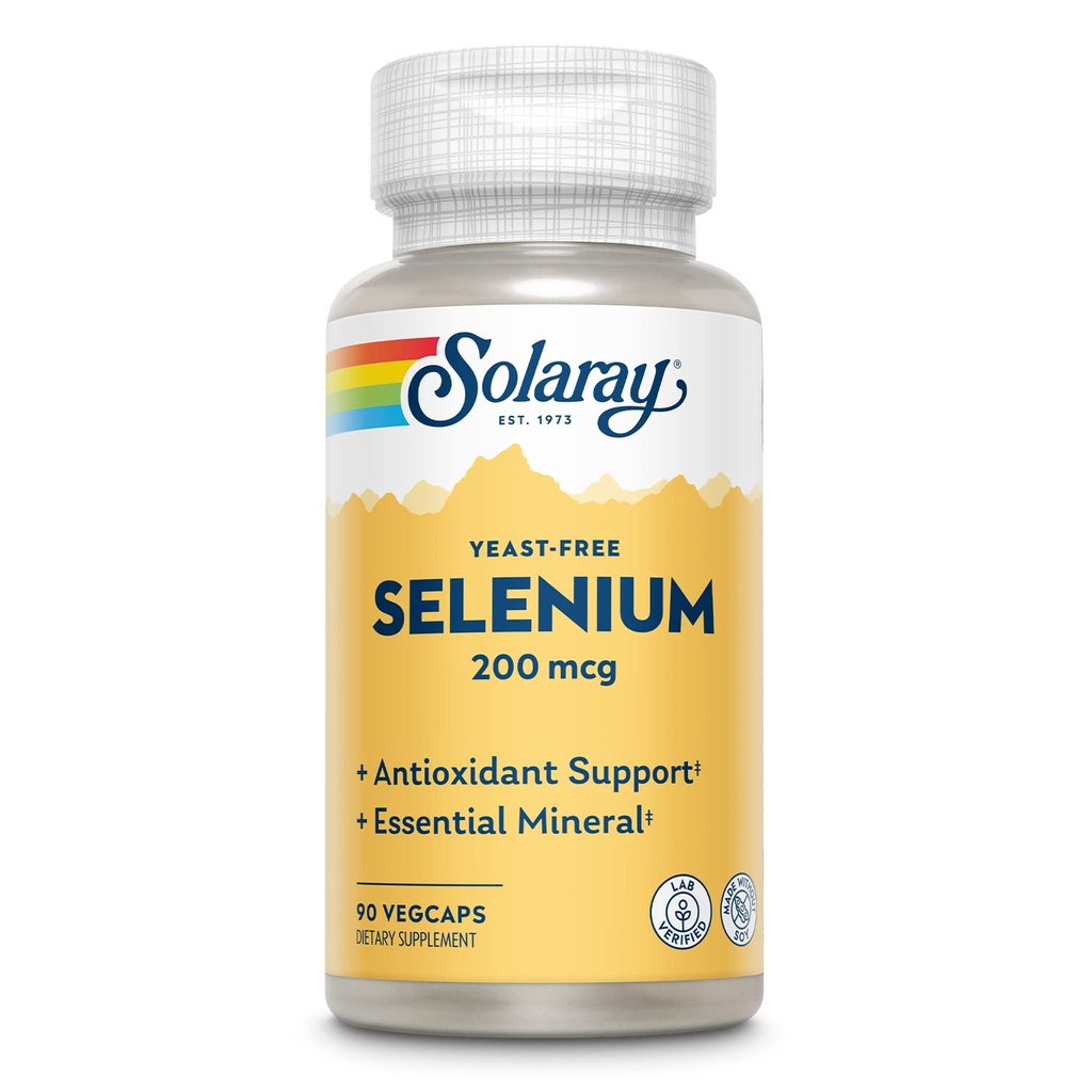 Solaray Yeast Free Selen 200mcg, Selenove kapsule za zdravo delovanje ščitnice in imuno podporo, visoka absorpcijska dopolnila, Vegan, 90 Serving, 90 VegCaps