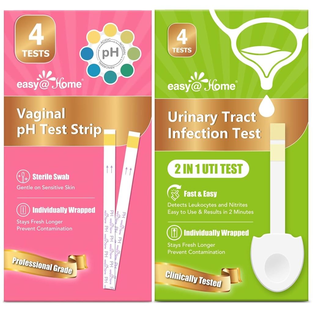 Easy@Home Vaginal pH Test Stripes & UTI Testni kompleti (8 Count): Okužba s kvasovkami, BV, UTI Testi za ženske, Hitri rezultati, 4 Infekcija sečilnega trakta in 4 Testi za zdravje ženskih pH