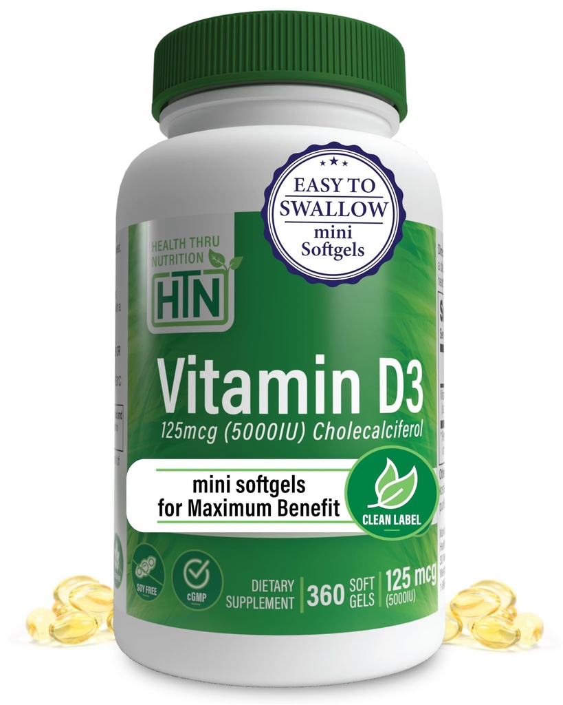 Zdravje Thru Nutrition Vitamin D3 5000iu 360 Mini softgels za največjo korist leto dobave  Stopnja za organsko EVOO 