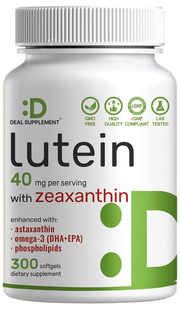 Lutein in Zeaksantin dopolnila, 40mg na serviranje, 300 Softgels – Plus Astaksantin, Omega-3s, & Fosfolipids – Non-GMO