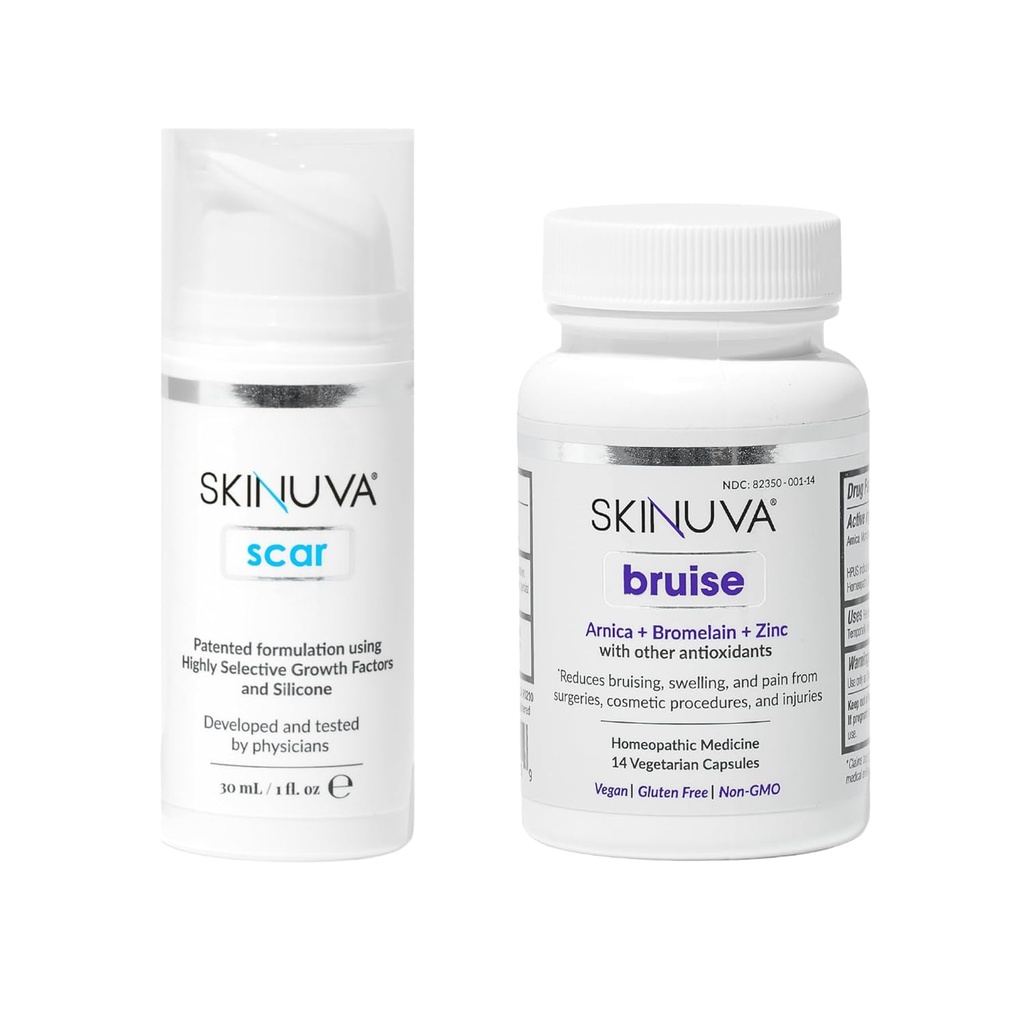 Skinuva® Scar (1 oz) & Bruise (14 kapsul) - Napredna silikonska krema oblikovan z rastnimi faktorji in homeopatsko Bruise Remedy oblikovan z Arnica, Bromelain in cink