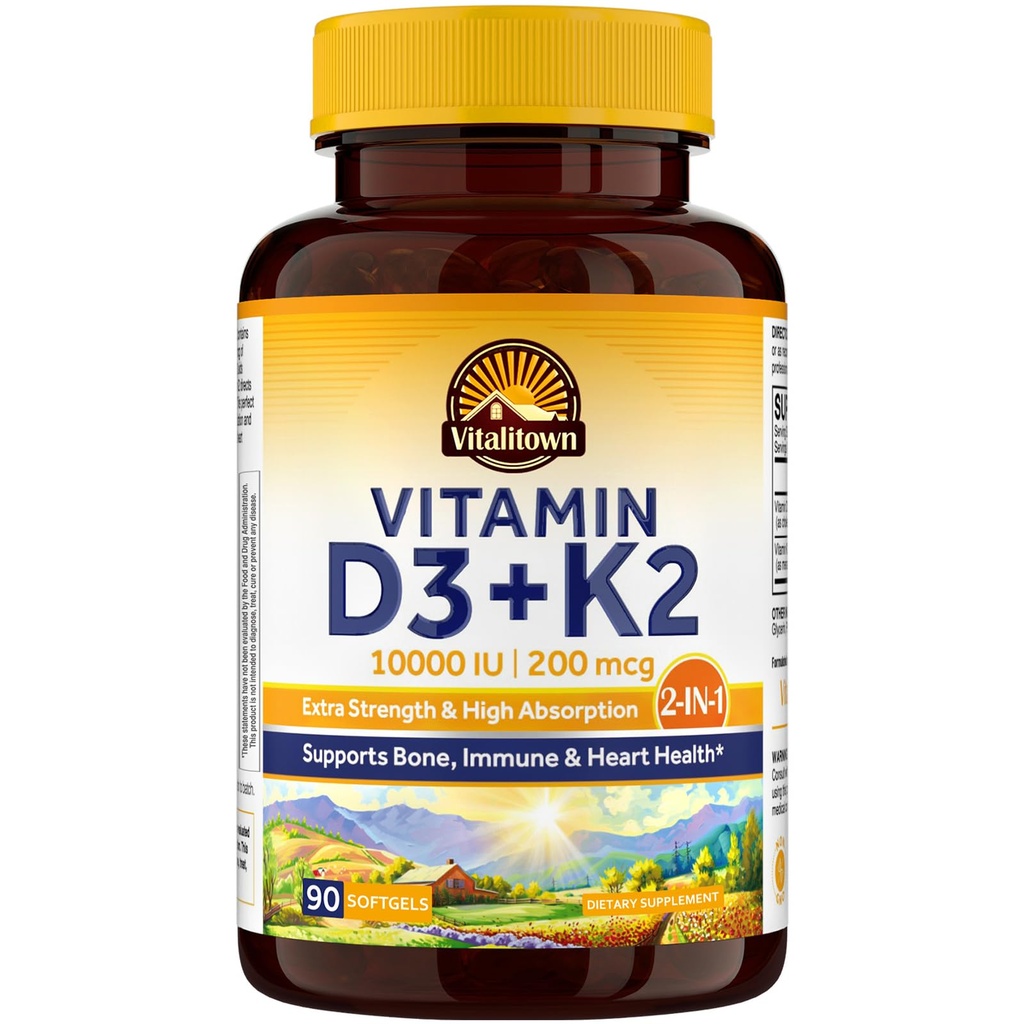 Vitamin Vitalitown D3 K2 dopolnilo, vitamin D3 10000 i.e. vitamin K2 (MK7) 200 μg, 90 softgels, Non-GMO, No Gluten & Soy, za kosti, zobe, Imunsko zdravje in zdravje srca