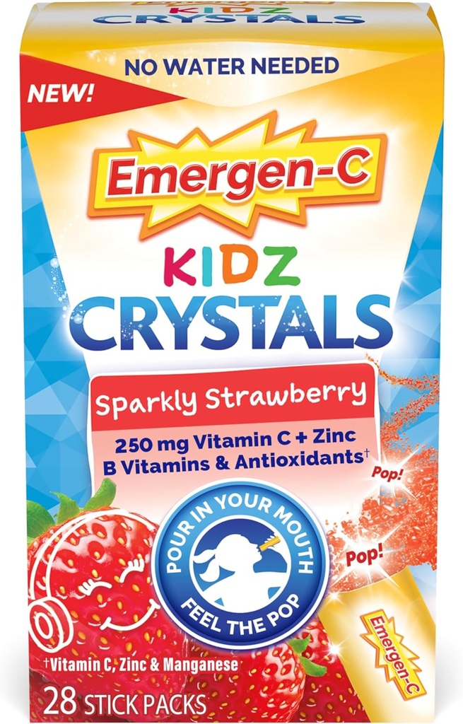 Emergen-C Kidz kristali, On-The-Go imunske podpore dodatek z vitaminom C, B vitamini, cink in mangane, Sparkly jagode - 28 Packs