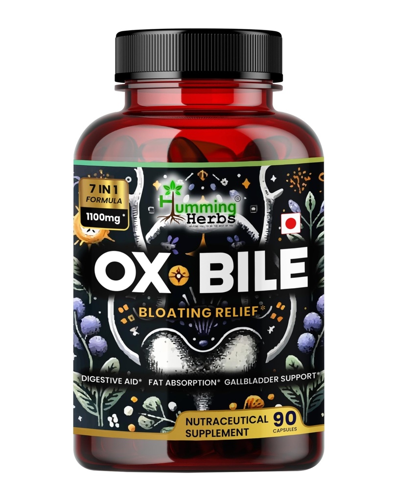 Humming Herbs Ox Bile z digestivnimi encimi in pre/probiotiki 90 Veg Caps Holna kislina, Inulin, Betain HCl, Peppermint, Bromelain Zdrava pregestija in Absorpcija hranil - Bile soli dodatek