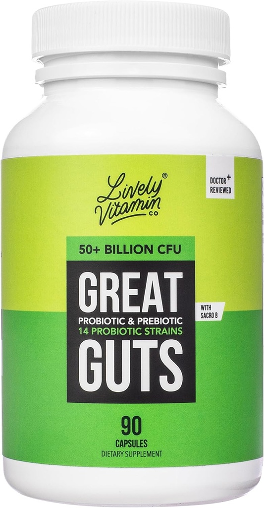 ŽIVI VITAMIN CO. Great Guts Probiotic 50 milijard CFU probiotik - Balance Gut Microbiome, GI Tract, Vnetje, Prebavne motnje, Reflux, Vznemirjena trebuh, & Diarhea - 90 Caps