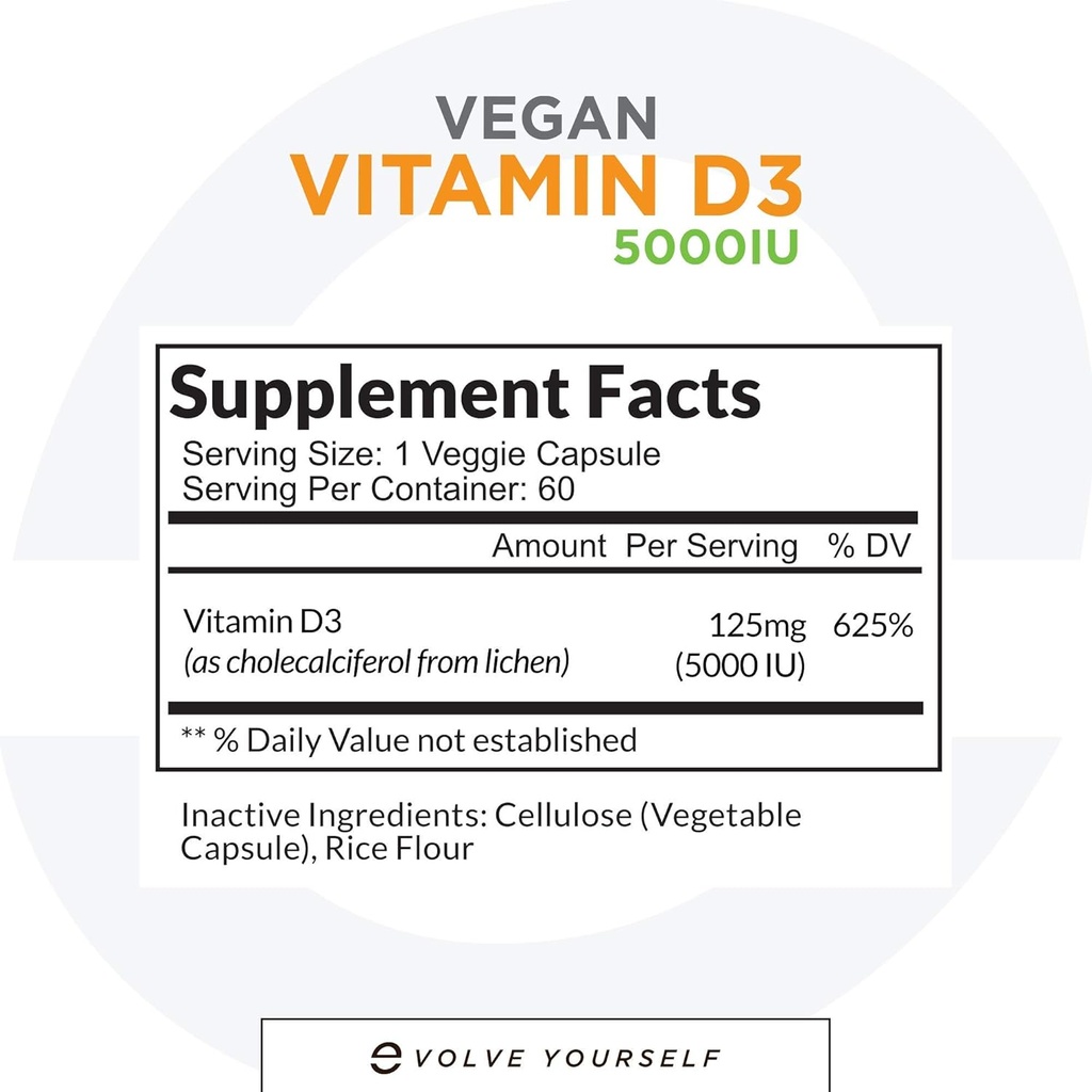 Veganski vitamin D3 5000 i.e. dodatek - Čisti, visoki jakosti D3 Vitamin 5000 i.e. dopolnila za imuno zdravje in podporo za močne kosti - 120 kapsul, ki zagotavljajo 2-mesečno oskrbo z VIT D3