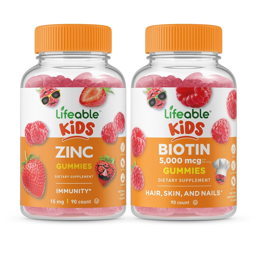 Življenjski cink Otroci + Biotin Otroci, Gumies Bundle - odlično degustacijo, Vitamin dopolnilo, Gluten brezplačno, GSO brezplačno, Žvečljivi gumi