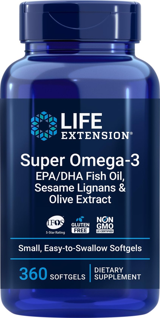 Life Extension Super Omega-3 360 softgels, enostaven za pogoltniti, EPA/DHA Omega3 ribje olje, Sezam Lignans in ekstrakt oljk