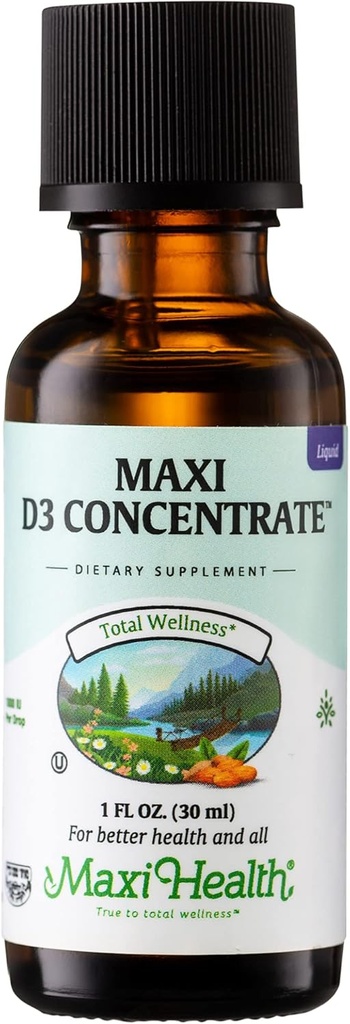 Maxi Health Vitamin D3 koncentrat - 1000 i. e. na kapljico - prehranski dodatek - podpira absorpcijo kalcija, imuno zdravje in zdravje kosti pri odraslih ženskah in moških (1 fl oz)