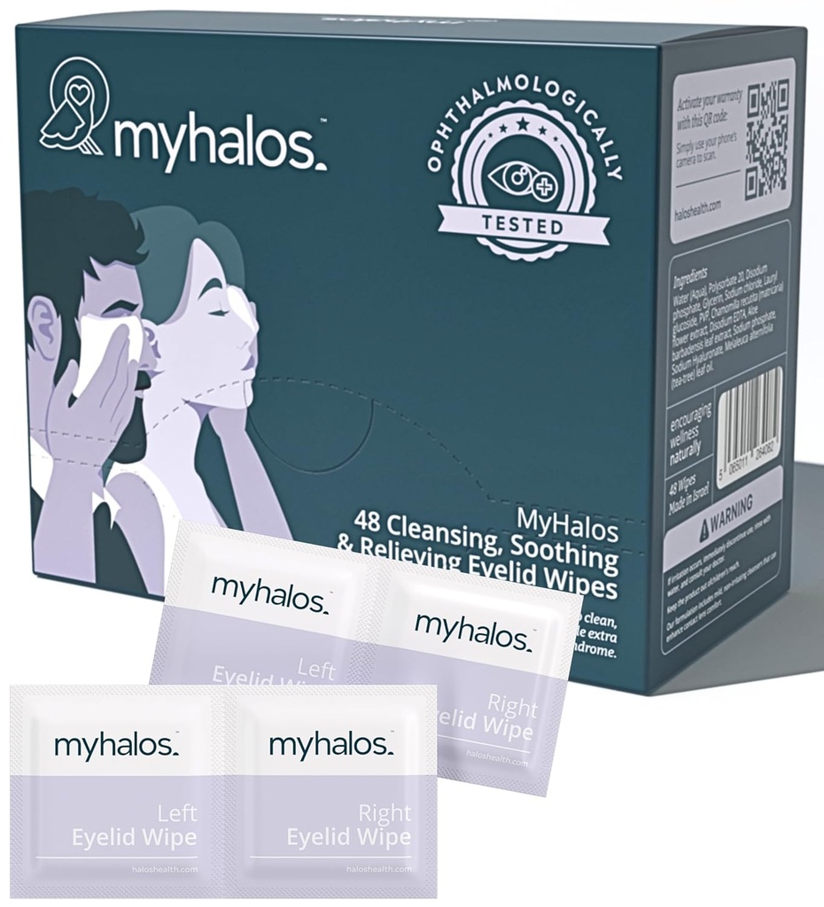 MyHalos® 48 Hydrating Eyelid Obriši za suhe oči - vlažilni in pomirjajoči očesni robčki s čajnim drevesom - pomaga pri Blefaritisu in sindromu računalniškega vida, Blefaritis zdravljenje očal, čistilec