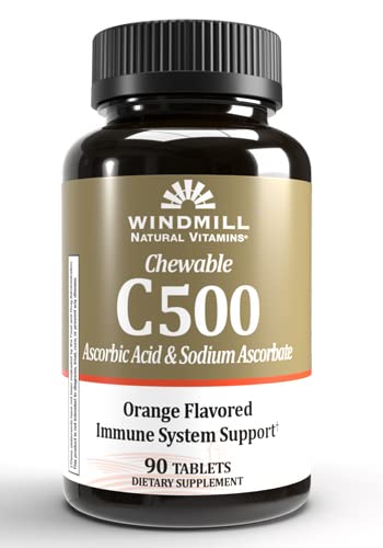 Zdravje mlinov Žvečljivi vitamin C-500, Imunski sistem Podpora, Močni antioksidanti, 90 tablet, 90 Število