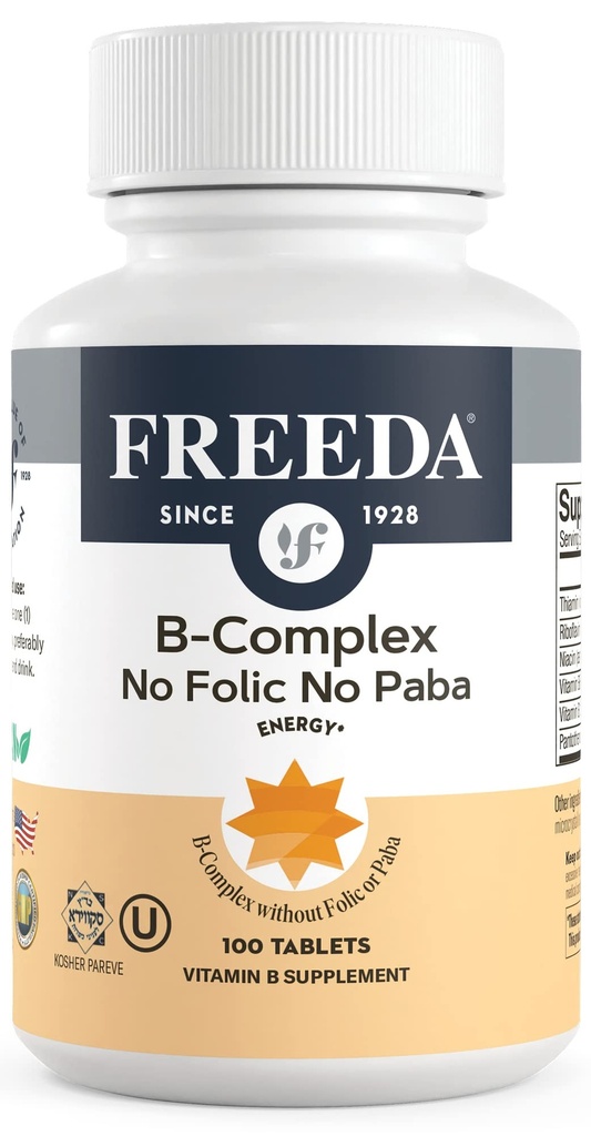 Freeda Vitamin B Complex No Folic No PABA - Super B Complex Kosher Vitamin dodatek z vitaminom B1 Vitamin B2 Vitamin B3 Vitamin B5 Vitamin B6 Vitamin B12 - Vit B Complex B za ženske in moške (100 Ct)
