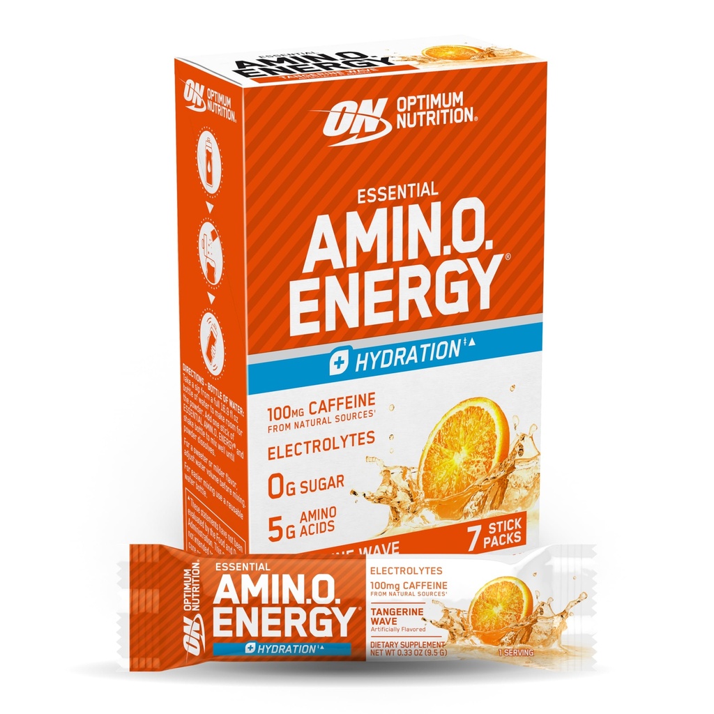 Optimum Nutrition Essential Amino Energy Plus Elektroliti Stick Packs, Energy Powder, Tangerine Wave, 7 Count
