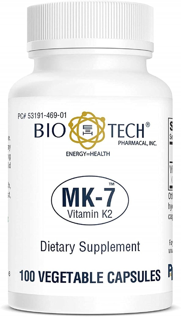 Bio-Tech Pharmacal MK-7 (Vitamin K2), 100 Zelenjavne kapsule – Vse naravne dodatke – Podpora Kardiovaskularno zdravje in zdravje kosti – Brez mleka, rib, glutena, arašidov, školjk, GSO, Košir, Halal, & Soy –