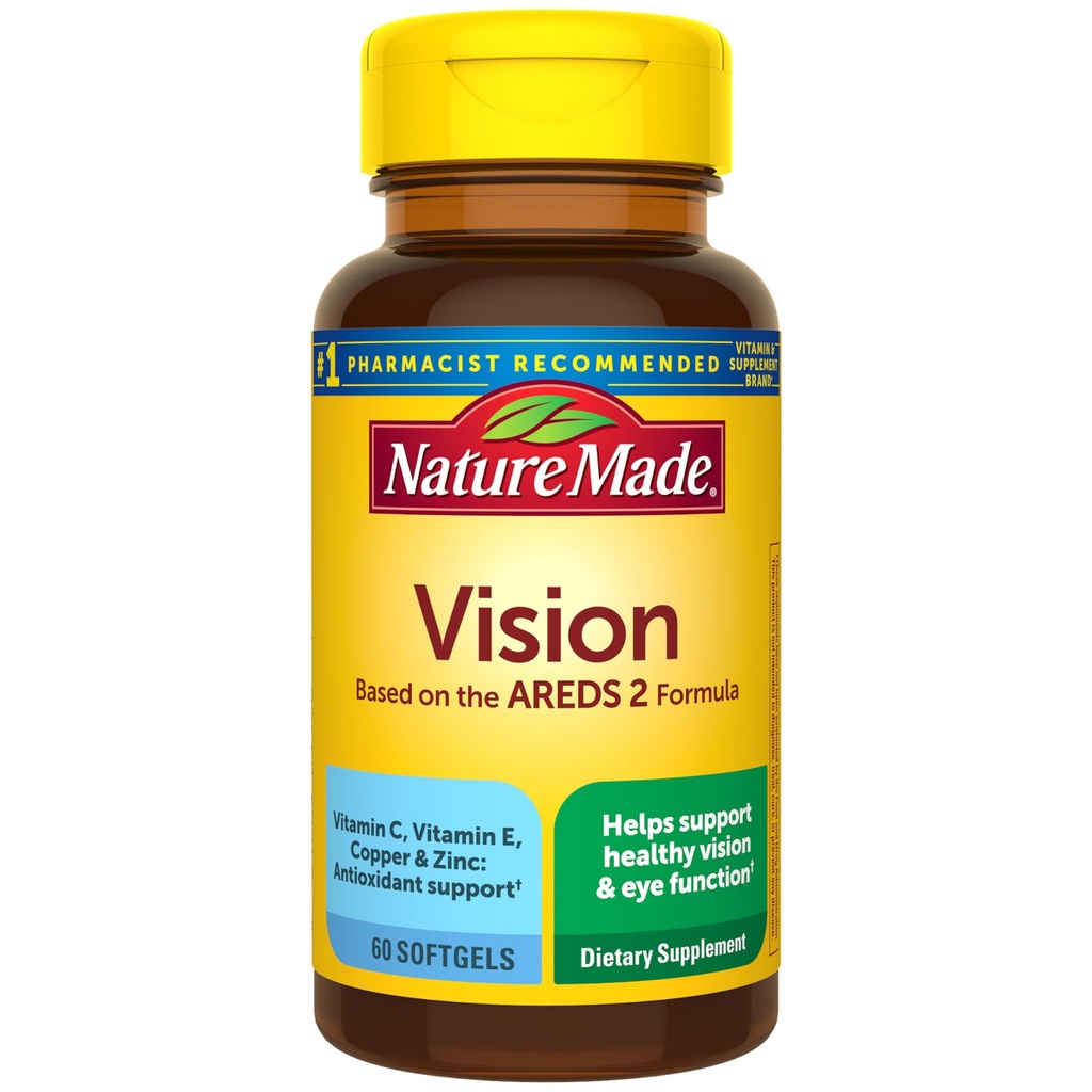 Narava Made Vision temelji na AREDS 2 Formula, Eye Vitamini z Lutein & Zeaksantin, Vitamin C, Vitamin E, Cink in baker za zdravo vid in funkcije podpore, 60 Softgels, 30 dan dobave