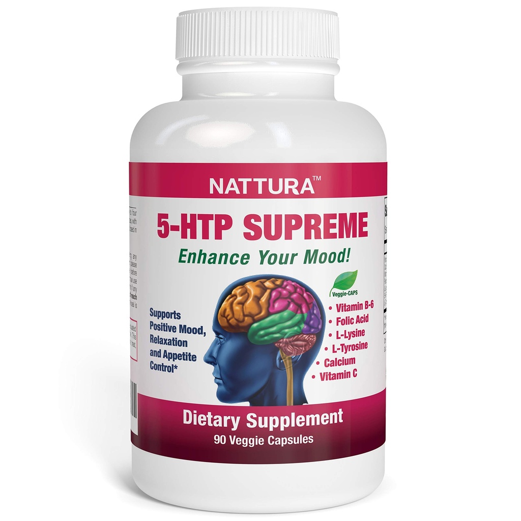 Nattura 5-HTP Supreme - za pozitivno razpoloženje, sprostitev in nadzor apetita - s 5-HTP, L-tirozin, L-lizin, vitamin B6, Folat (Folna kislina), vitamin C (Askorbinska kislina), kalcij - 90 kapsul
