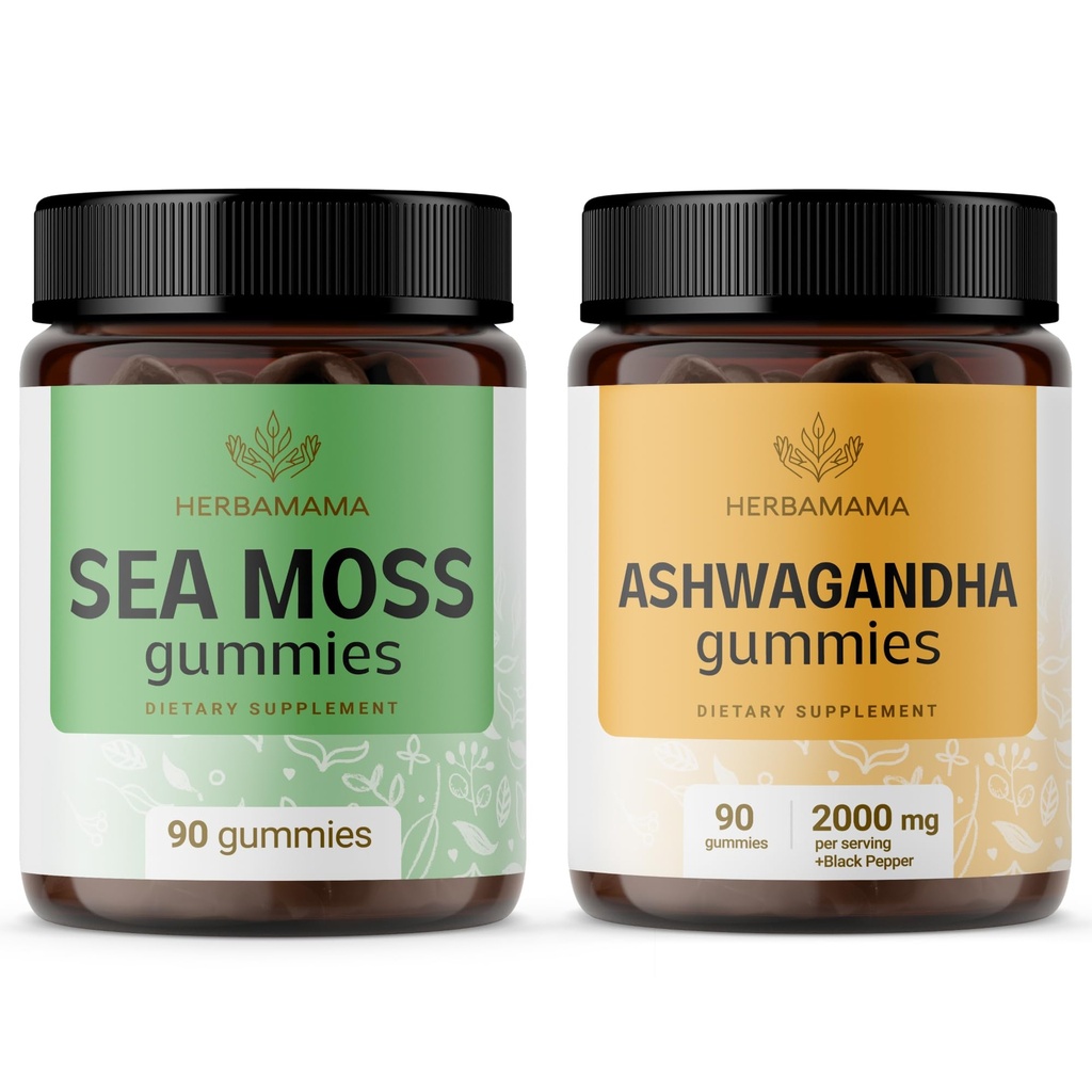 HERBAMAMA Sea Moss in Ashwagandha Kit - paket 1600 mg Sea Moss z Bladderwrack & Ashwagandha Koren Gumies - Vegan, Non-GMO, Gelatin-free - 2 Pack