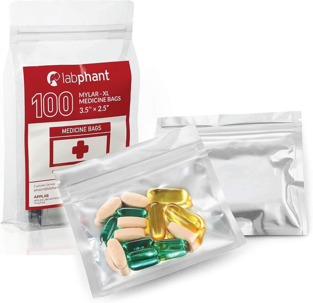 100 Pack Mylar Voham dokaz XL Medicine vrečke - Ziplock Accesory vrečke z dvojnim napitkom Perm. Marker; Tablete Pack Baggies za medicino, nakit, strojna oprema; Zipper zapečatene tablete vrečke (3,5 x 2,5", srebro)