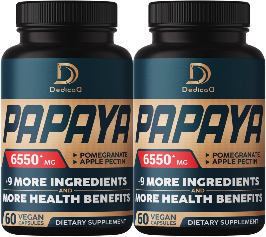10in1 Pure Papaya Encimi za prebavo 6550mg 4 Meseci Podpora Prebava, Imunska & Telesno zdravje - Mešanica z ekstrahiranim Granatom, jabolko pektin, ingver, kurkuma, pepermint - 2 paketi 60 števk