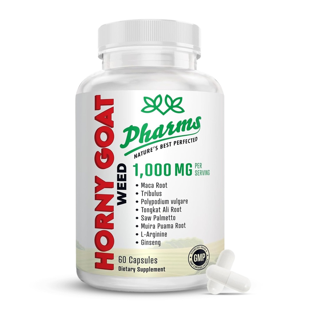 PHARMS Hornygoatweed for Men & Women (1,000 mg) - Energy & Stamina Capsules with Maca Root, Tribulus, Tongkat Ali, Saw Palmetto & Ginseng - Female & Male Performance Enhancing Supplement - 60 Capsules