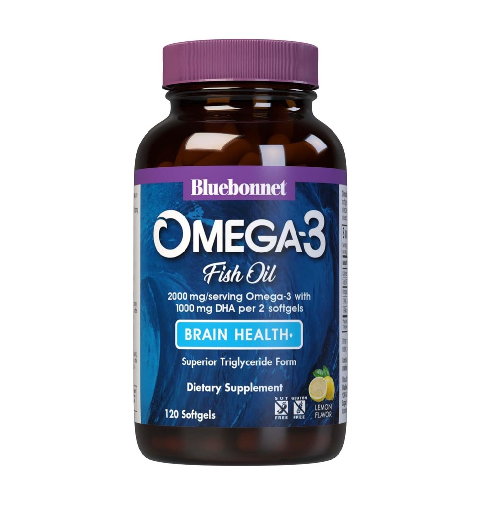 BlueBonnet Nutrition Omega-3 Brain Formula Natural Wild Caught Triglicerid Form DHA 1000 mg EPA 210 mg, Visoko koncentrirano Kognitivno zdravje in wellness podpora dodatek, Gluten-free Softgel, Rumena/Clear, Lemon, 120 Count