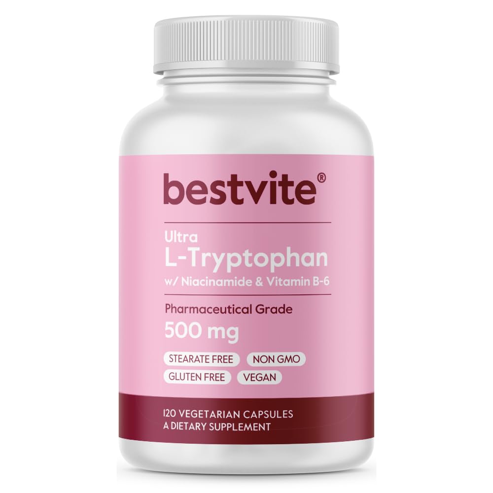 BESTVITE L-Triptofan 500 mg z B3 in B6 (120 vegetarijanskih kapsul) – brez polnil – brez stearat