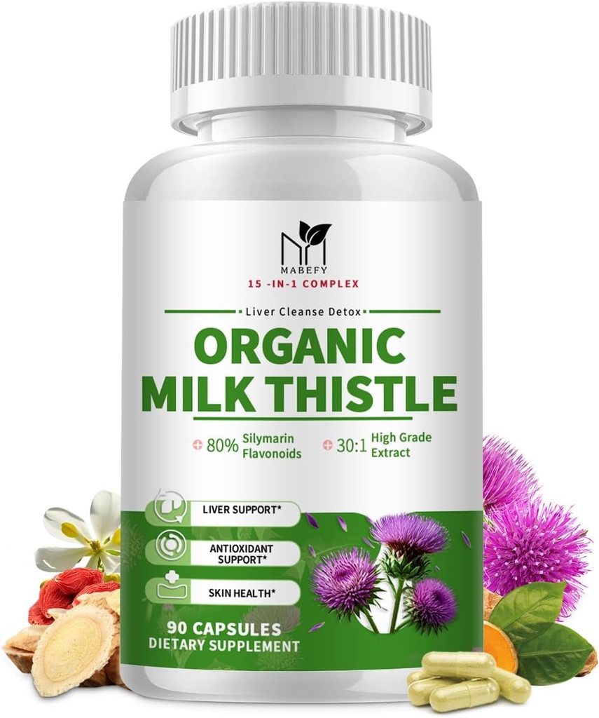 Ekološko mleko Thistle Jetra Detox dodatek - 15-v-1 Formula s Silymarin, Antioksidanti, & Zeliščna mešanica - 90 kapsul