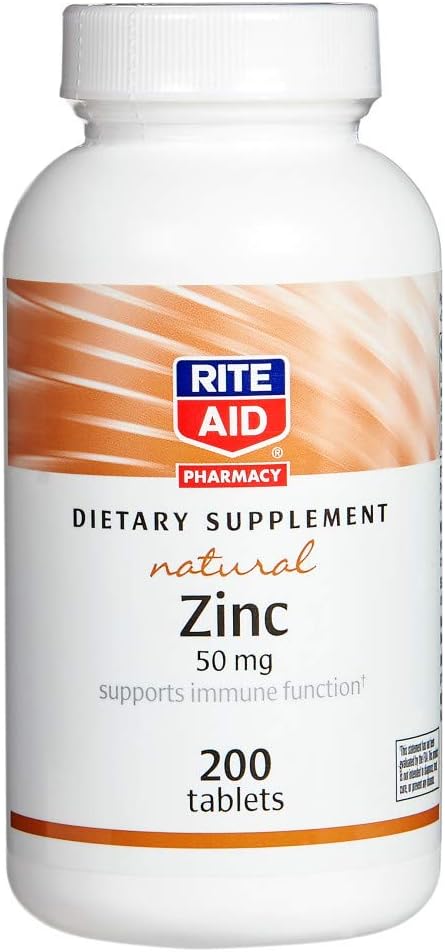 Rite Aid Naravni cink, 50 mg, 200 Tablete - Podpira imunske funkcije - dodatki cinka - Dodatki vitaminov - Naravni cink dodatek - Eterični mineral za antioksidant zdravje - Easy-to-Shallow