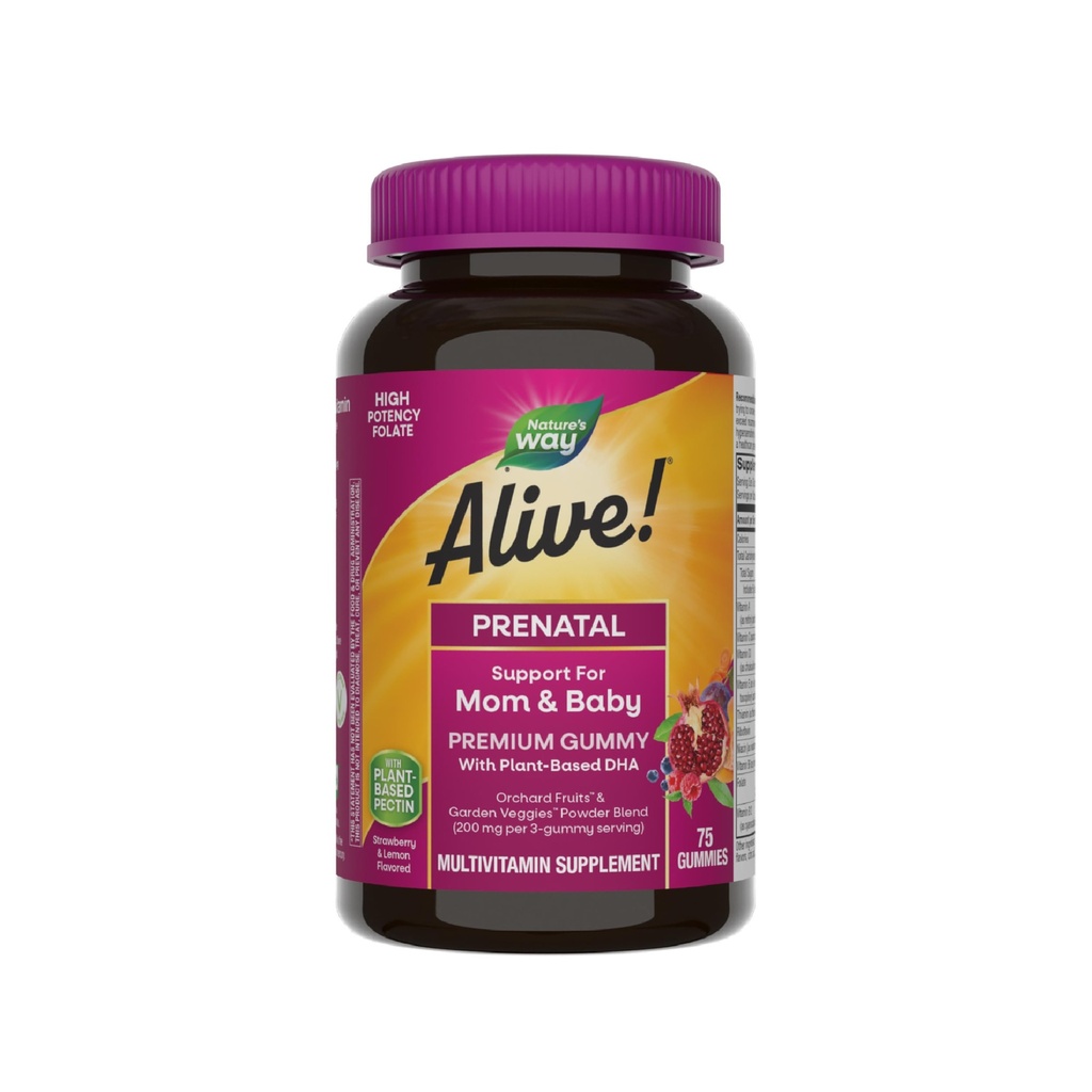 Živa pot narave! Prenatal Premium Gummy Multivitamin, Folat visoke jakosti, na rastlinah temelječ DHA, vegetarijanec, jagode in limone arome, 75 Gummies
