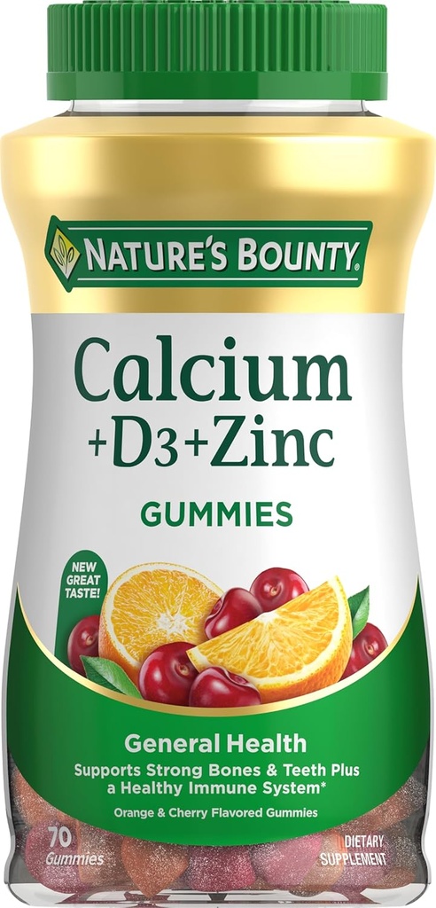 Kalcij in vitamin D Gumies po naravnem Bountyju, Imunska podpora in zdravje kosti, 500mg Kalcij & 1000 i.e. vitamin D3, aroma sadja, 70