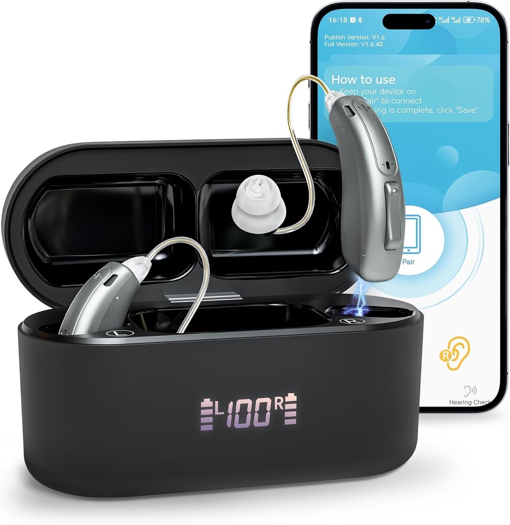 Slušni aparati (brez ojačevalcev), slušni pripomočki za starejše, ki jih je mogoče napolniti z Bluetoothom, visoko kakovost zvoka OTC Pametni slušni pripomoček z ukinitvijo hrupa, Bluetooth omogočen nadzor in aplikacija, 4 načini