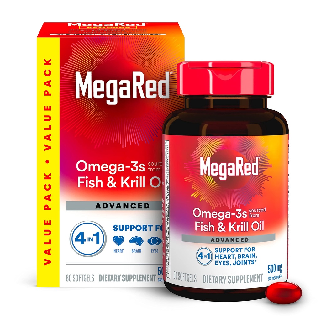 Megared Omega-3 ribje olje + visoka absorpcija Kril olje 500mg softgels, MegaRed Napredno 4in1 (80 štetje v steklenici) Koncentrirano Omega-3 Ribe & Krill olje dodatek