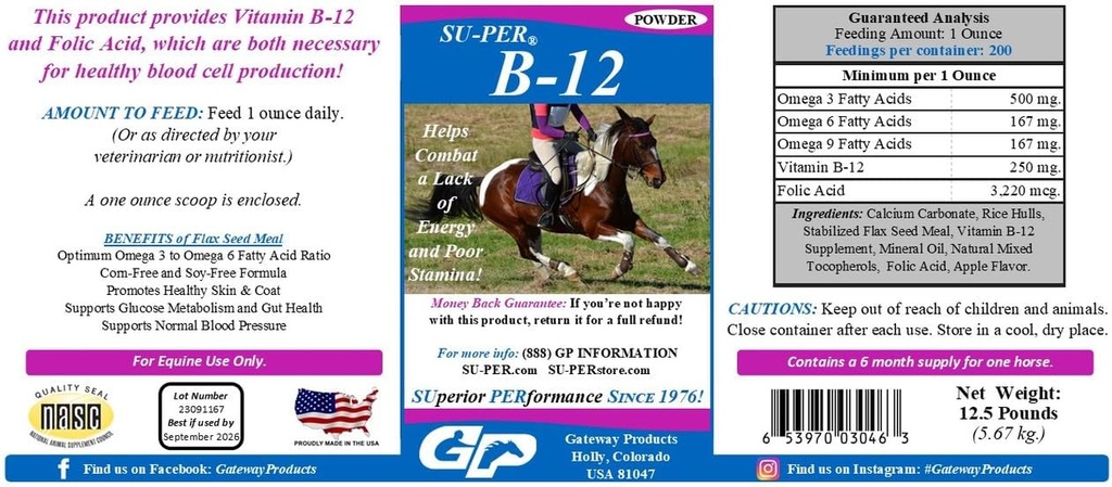SU-PER B-12 Energy Horse Supplement - Equine Vitamini B-12 & B-9 Folna kislina v prahu - 12,5 funti, 6 mesec dobave