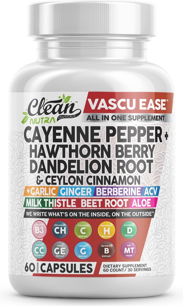 Clean Nutra Cayenne Poper Kapsule Dopolnilo s Hawthorn Berry, Dandelion Root, Ceylon Cinamon, Česen, Ginger, Berberine, Apple Cider Vinegar, Mlečni osat, Peso koren, Aloe Vera tablete & več