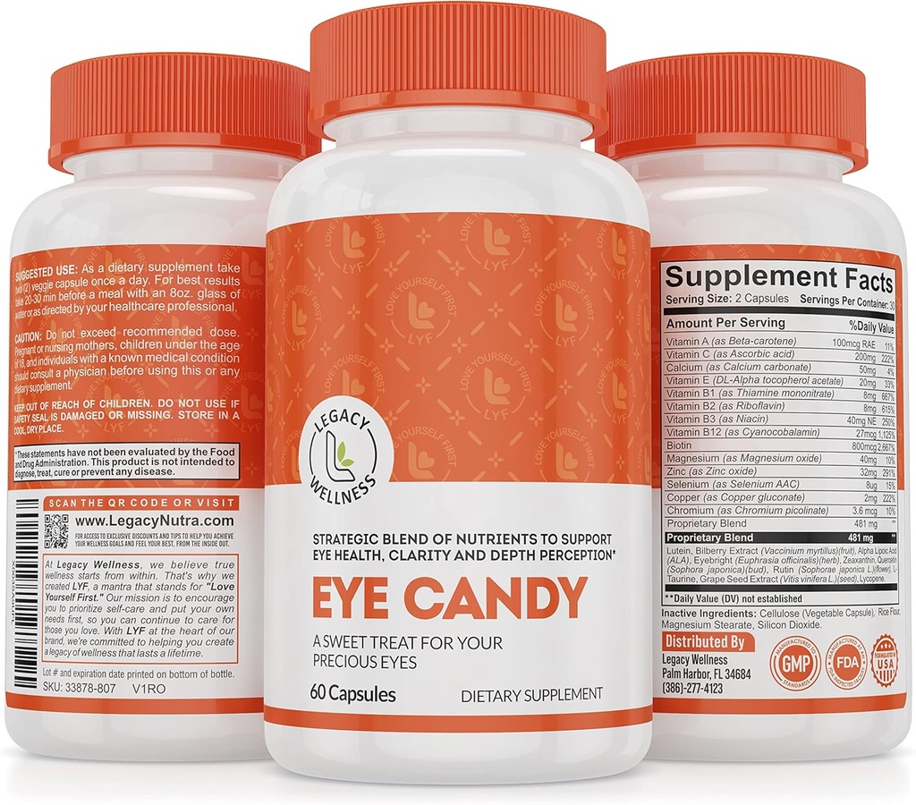 Legacy Wellness Candy Eye Vitamini z luteinom, zeaksantinom, kalcij, biotin, baker, cinkove tablete + podpirajo vid zdravje pri staranju odraslih + očesni sevi iz prevelikega časa zaslona, suhe oči dopolnila