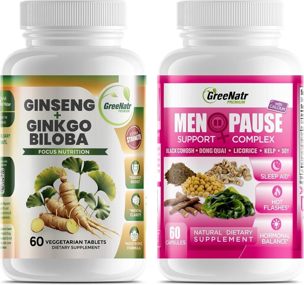 Optimal Wellness Solutions: Herbal Menopause Podpora in Ginseng + Ginkgo Biloba Energy & Brain Focus Booster za moške in ženske