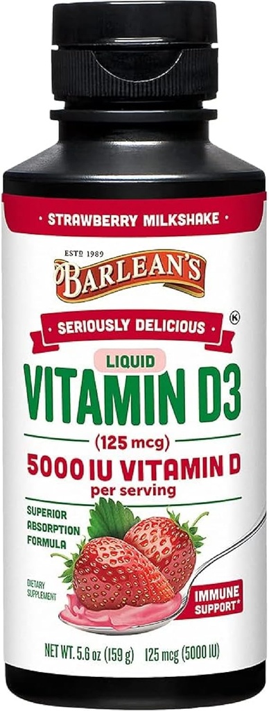 Barlean's Liquid Vitamin D, 5000 i.e. D3, Jagodni mlečni napitek, aromatiziran za otroke in odrasle, največja absorpcija, ne-GMO, Gluten-free - 5,6 oz