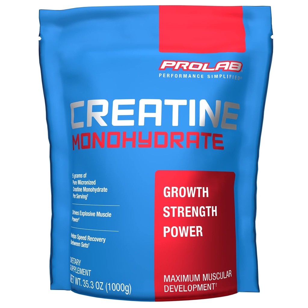 ProLab Nutrition Kreatin monohidrat Mikroniziran prašek 1000G, Čisti kreatin za mišično moč, moč in vzdržljivost, hitro absorbiranje, Unflavored, 5000mg na serv (5g) (200 Servings)