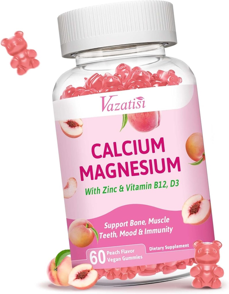 Kalcij Magnezijev cink Gumiji z vitaminom D3 B12, Kalcijevi dodatki za ženske moške, Peach Flavor 60 Cts