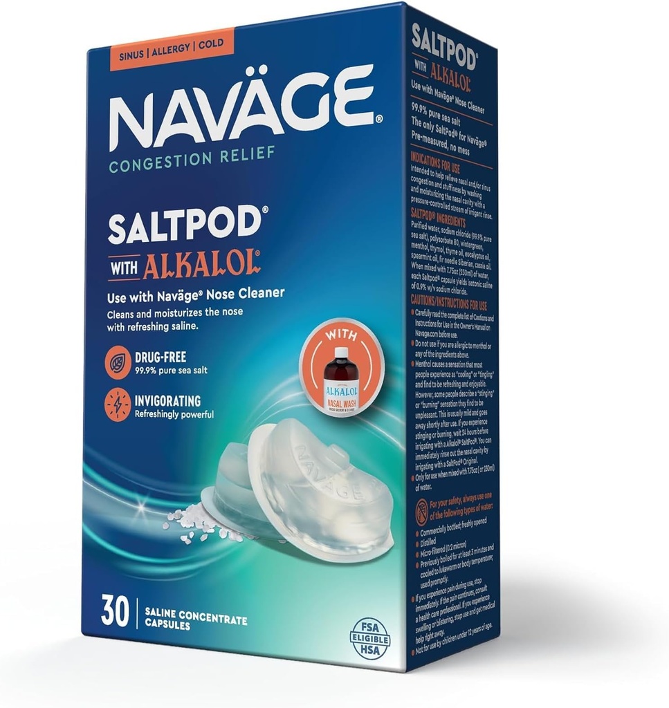 Navage SaltPod w/Alkalol 30 Pack (30 SaltPods) Salt Pod se polni samo - Ekskluzivno zasnovan sistem namakanja nosa - Sinus Rinse in Alkalol Pods za hitro in blažilno pomoč