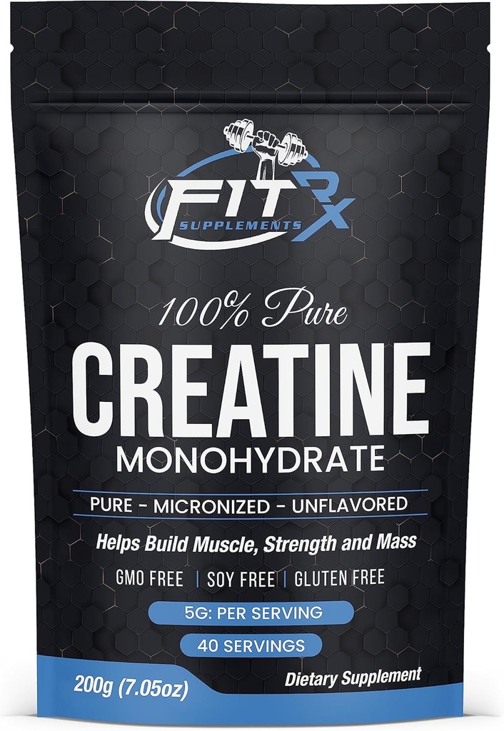 FITRxSupplements.com Pure Kreatin monohidrat v prahu - nič dodanih sestavin - brez kalorij, 5g na serviranje, Unflavored 40 Servisi, 200g, Quick Dissolve