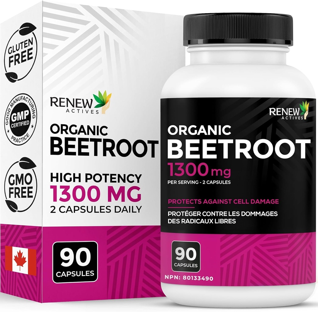 Obnovite Actives Organic Beetroot Supplement 1300MG na 2 kapsuli - Pure Beetroot prašek za kroženje, naravna energija, & antioksidant Prednosti - Superfood visoke potency, Izdelano v Kanadi - 90 kapsul