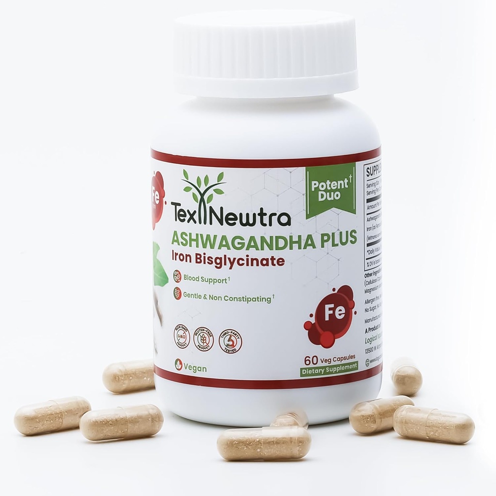 Ashwagandha z železovim bisglicinatom - 300 mg & biološko razpoložljivo železo 10 mg - 60 kapsul