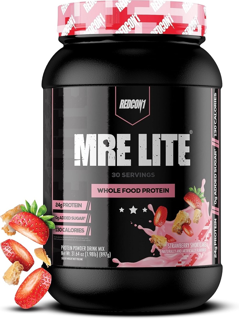 REDCON1 MRE Lite Hole Food Protein Powder, Jagoda Kratka torta - Nizka Carb & Whey Prosti obrok Zamenjava z živalskimi beljakovinskimi mešanicami - Enostaven za prehranjevanje dodatek Made with MCT Oils (30 Serving)