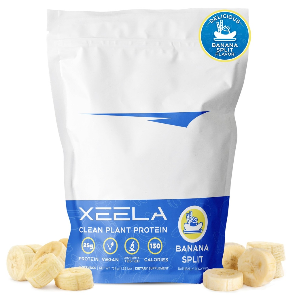 XEELA rastlinski veganski protein v prahu - Neodvisno testirani - 25g visoki proteini, Pea proteini za moške in ženske - vitamini in minerali, ne GSO, Mlečni in gluten brez, Nizki ogljikovi hidrati in LowFat (Banana Split)